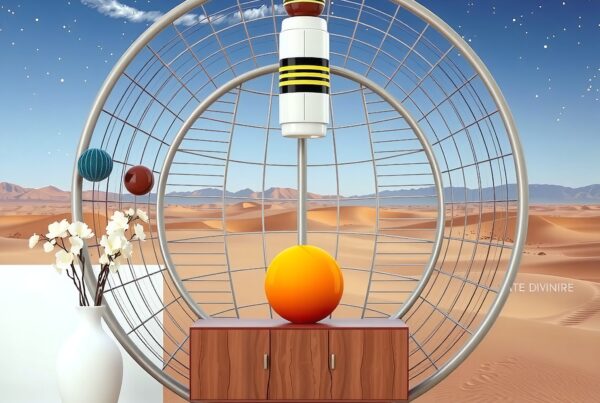 Decorative interior with desert mural background.