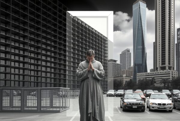 A man reflects on a rooftop amid a bustling cityscape.