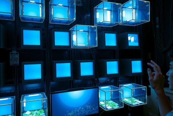 Futuristic control room with glowing monitors and digital ecosystems.