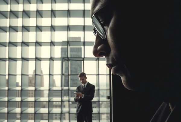 A person in glasses stands in profile against a grid-patterned window with a cityscape, as another individual uses a smartphone.