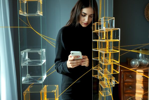 A woman standing with a smartphone, surrounded by glowing lines and transparent boxes in a modern room.