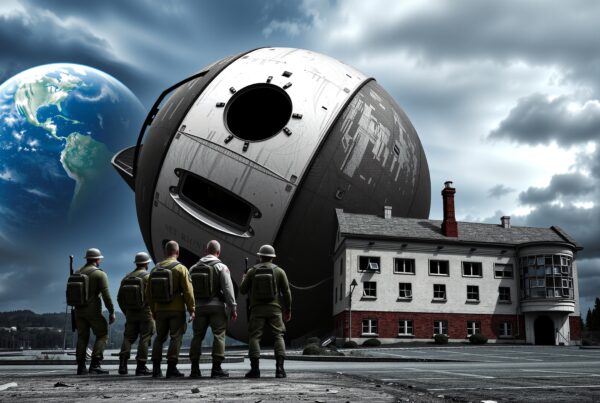 Military personnel facing mysterious sphere.
