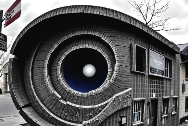 Image of a building with an eye-shaped facade, featuring concentric circular designs and a central orb, contrasting with surrounding urban architecture.