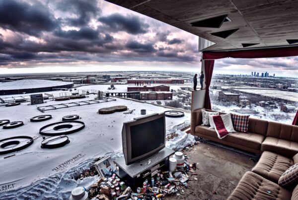 Abandoned room with snowy cityscape view featuring a vintage television, sofa, and scattered clutter.