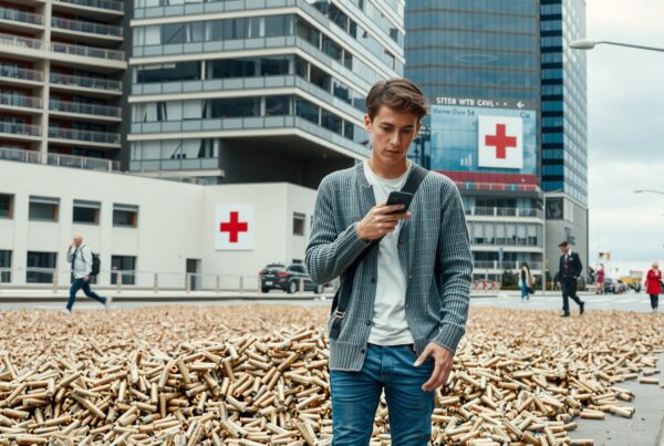 A young man walks over a street covered in bullet casings near buildings with red cross signs.