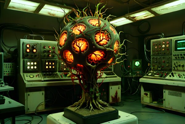 A sci-fi lab with an organic, glowing structure surrounded by retro control panels and eerie lighting.