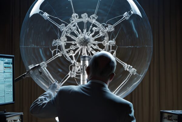 Man in formal suit interacts with glowing complex mechanical device, surrounded by monitors in a dimly lit scientific laboratory.