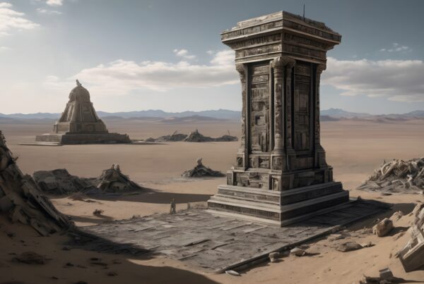 A towering ancient pillar and distant dome structure amidst a vast desert landscape under a clear sky.