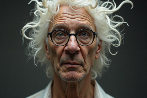Portrait of an elderly man with striking white hair and glasses against a dark background.