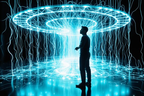 A person illuminated by ethereal neon lights in a futuristic space, showcasing a glowing aura of digital energy.