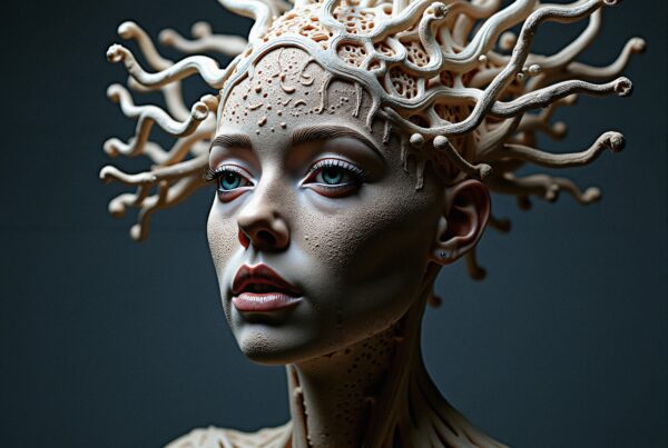 Surreal portrait with intricate organic structures and captivating expression.