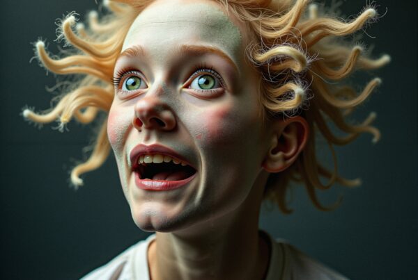 A whimsical portrait of a person with dramatic makeup and playful curly hair, expressing joy and surprise.
