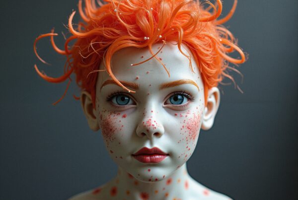 A striking portrait of a person with vibrant orange hair and whimsical freckles against a gray background.