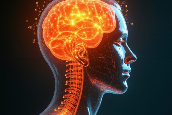 A glowing, orange brain within a transparent head, illustrating neural pathways and advanced connectivity concepts.