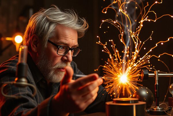 An elderly man in glasses observes sparks from a scientific apparatus, illuminating the dark room.