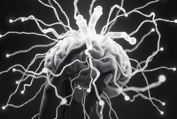 A gloved hand holding an abstract brain with luminous fibers extending, suggesting neural connections in a futuristic style.