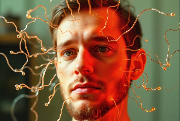 A man surrounded by glowing wires, creating a futuristic and artistic scene.