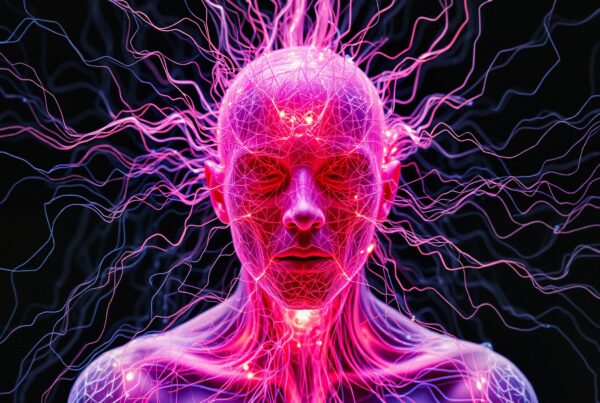 A human figure with radiant neural pathways in vibrant pink and purple hues on a dark background, illustrating the complexity of the human nervous system.