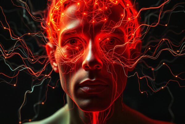 Human face with neural pathways and electric glow.