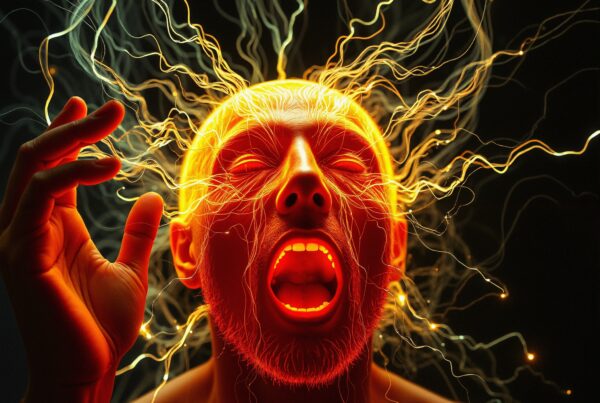 A dynamic depiction of a face engulfed in vibrant energy, symbolizing intense creativity or emotion.