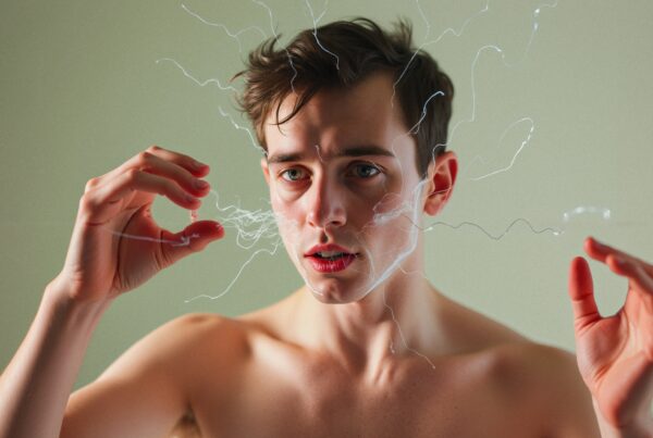 Young man focused on ethereal, floating threads encircling him.