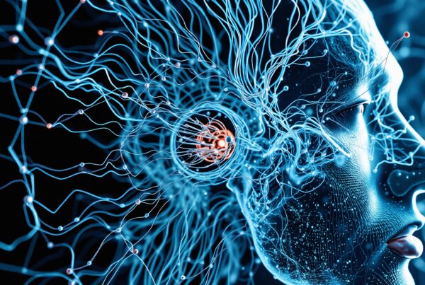 Futuristic depiction of AI neural network in human form.