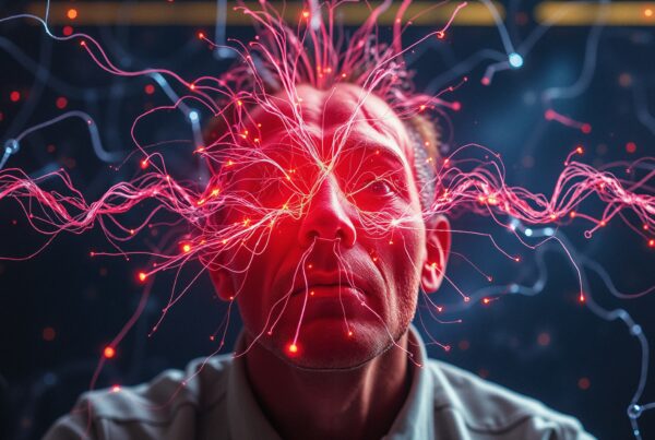 A man with glowing neural connections radiating from his eyes, suggesting a futuristic and intense cerebral experience.