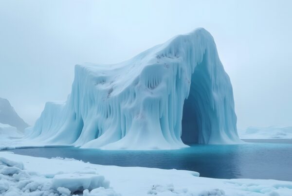 A majestic iceberg with a large aperture surrounded by serene icy waters and misty sky.