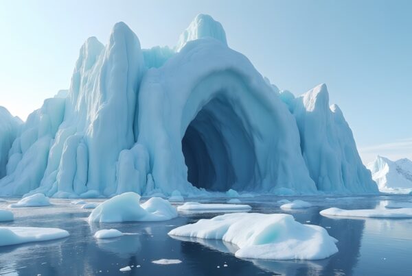 A mesmerizing iceberg with a large cave-like opening surrounded by icy waters under clear skies.