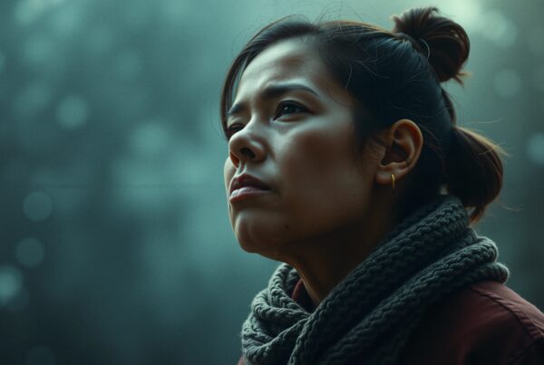Portrait of a woman in contemplation surrounded by a soft, natural background in cool weather.