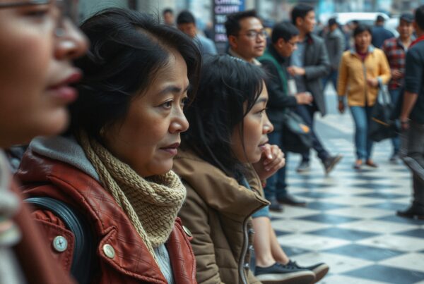 A diverse group stands focused in a bustling street, dressed for cooler weather.