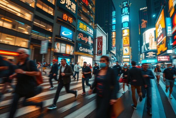 A bustling city street at night with people walking past bright, colorful advertisements.