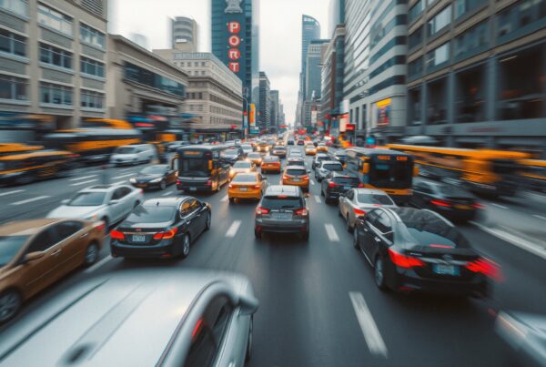 A busy city street at rush hour with cars and buses in motion, surrounded by tall buildings and bright lights.