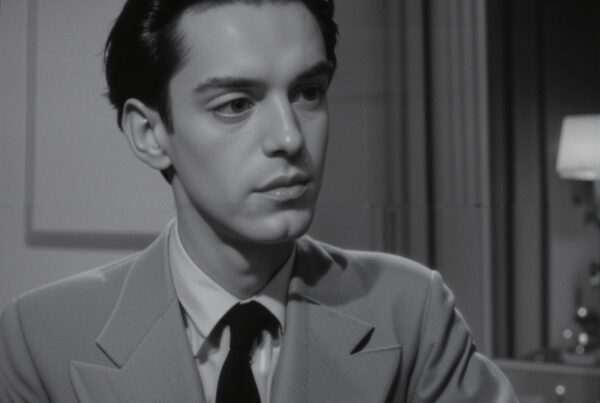 Black and white portrait of a young man in a suit seated indoors.