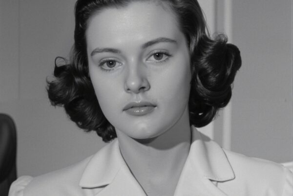 Black and white portrait of a woman with classic elegance and soft curls.