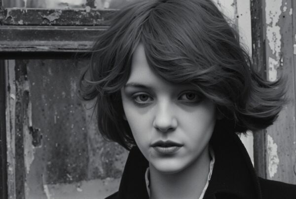 Black and white portrait of a person with short hair against a weathered, peeling wall.