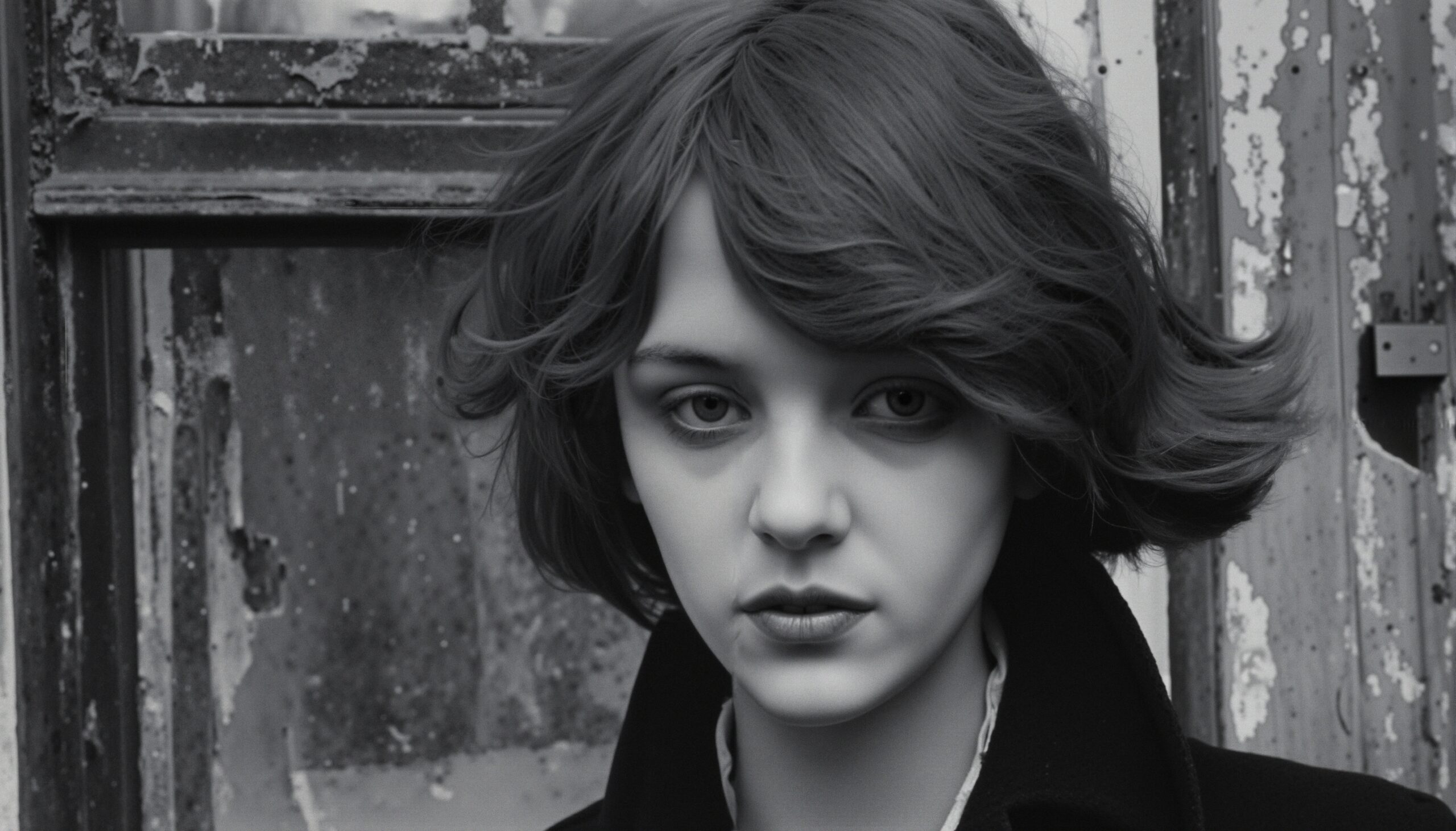 Reflective gaze against peeling wall