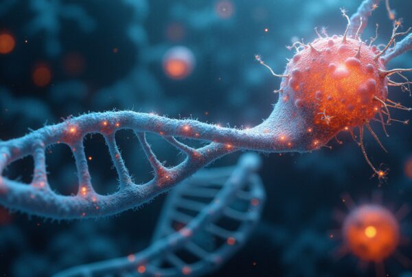 Vivid 3D render of DNA strands with glowing cellular structures, illustrating genetic complexity and molecular interaction.