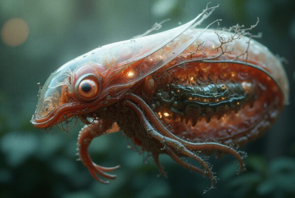 A translucent extraterrestrial creature with tentacles and a large eye floats in a greenish, blurred background.