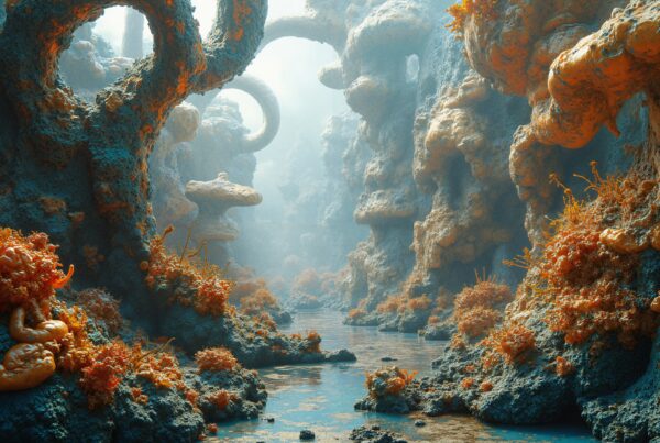 A mystical fantasy landscape with coral-like formations and a reflective waterway.