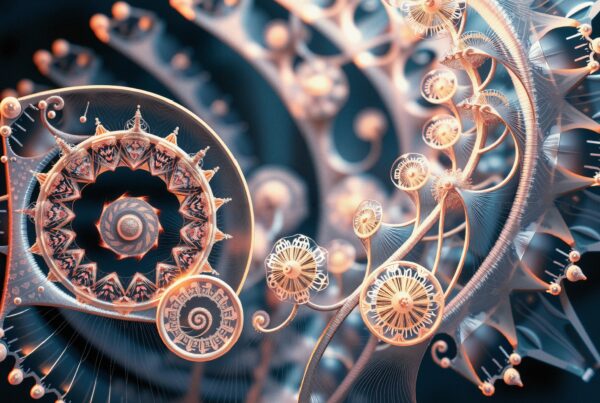 Intricate fractal artwork with symmetric spirals and organic patterns.