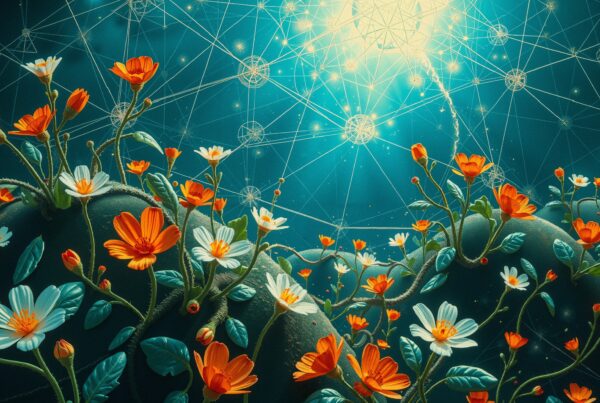 In this artistic image, vibrant orange and white flowers bloom against a blue sky filled with a glowing geometric network.