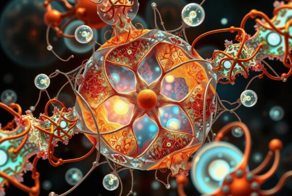 An intricate, vibrant molecular structure blending art and science, featuring detailed patterns in orange and teal hues.