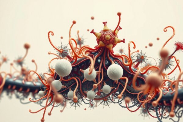 SEO-optimized alt text: Detailed 3D rendering of a vibrant microscopic scene with tentacles, spheres, and spiky virus-like shapes in vivid orange and red.