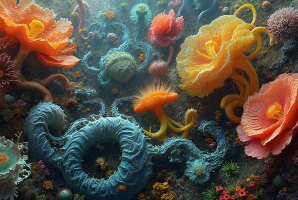 A colorful fantasy garden with vibrant, surreal, flower-like structures and marine elements.