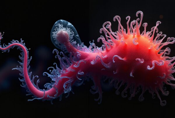 Abstract and intricate digital illustration resembling a fantastical microscopic organism with vibrant tendrils.