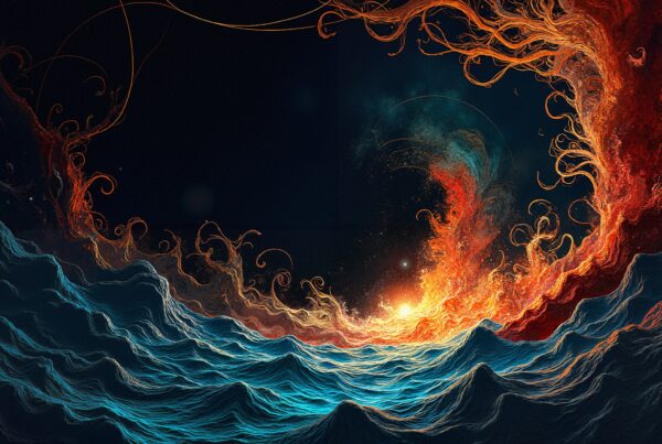 A vibrant artwork of swirling orange flames contrasting against cool blue ocean waves in a dramatic, surreal scene.