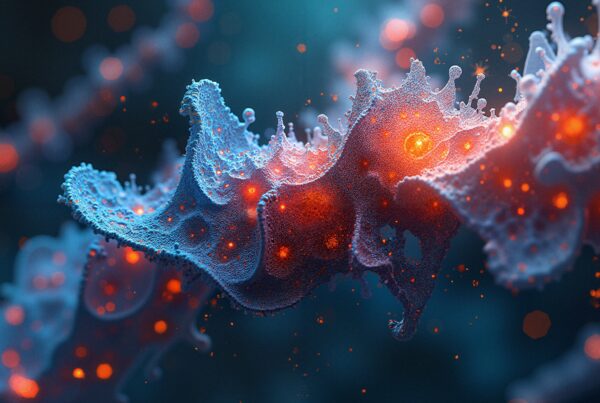 Abstract digital art featuring a blue and orange microscopic structure with glowing particles.