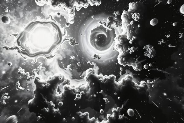 A monochromatic cosmic scene with swirling celestial bodies, planets, and clouds.