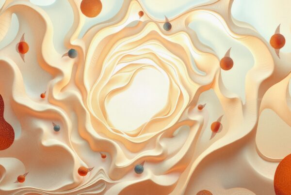 Abstract art with swirling, layered shapes in orange, beige, and white, featuring spherical objects.